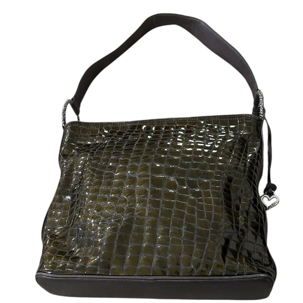BRIGHTON Leather Large Rings Glossed Croc-Embossed Shoulder Bag